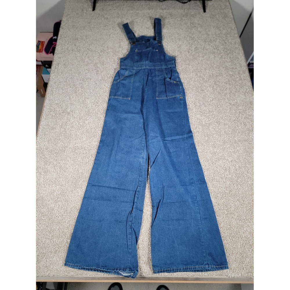 VTG 70s Denim Overalls Jumpsuit Juniors Small Womens Flare Hippy Boho Festival